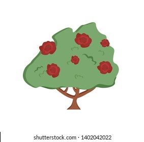 Flowers vector, bush with flowering isolated flora flat style natural blooming, roses or tree with trunk, garden orchard scene, rural area countryside