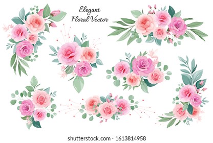 Flowers vector collection. Floral art decoration of peach and blush roses, leaves, branches. Romantic botanic illustration elements for wedding, greeting, and valentine card design