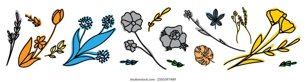 flowers and vector drawing wild plants at white background, flowering meadow , hand drawn botanical illustration
