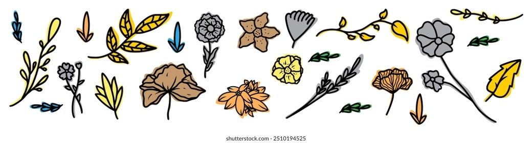 Flores y Vector dibujando plantas silvestres en el fondo blanco, prado de flores, ilustración botánica dibujada a mano