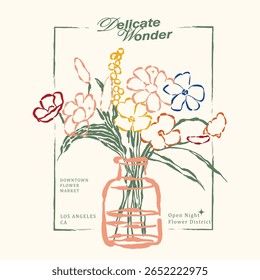 flowers vector graphics. summer tropical flowers. Vintage Line flowers print, printed t-shirt design for men and women's, flower graphic in vector, Text slogan print design