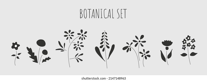 Flowers vector icon set. Botanical icons set. Simple flowers herbs icons for tattoo, print, poster, card etc. Minimalist graphic sketch hand drawn botanical elements. Vector design illustration image