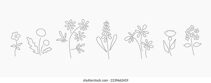 Flowers vector icon set. Simple flowers herbs icons for tattoo, print, poster, card etc. Minimalist graphic sketch hand drawn botanic elements. Vector design illustration image