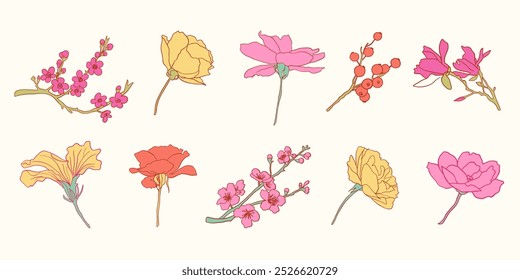 Coleção de Ilustrações Vetoriais Flores. Botany Logo Floral Art Set. Loja de flores, Florista, Elemento de design de casamento. Rosas, Hibiscus Cherry Blossom, Estilo Vintage