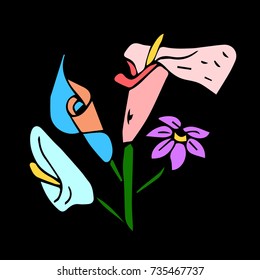 Flowers vector illustration. Doodle style. Design icon, print, logo, symbol, decor, textile, paper.