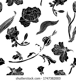 Flowers vector illustration. For print, design, back surface, textile, packaging, canvas. Black and white hand drawn vector illustration. Seamless patterns.