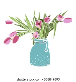 Flowers vector illustration, tulips in blue vase 