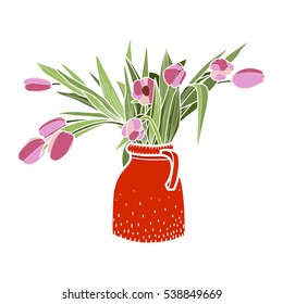 Flowers vector illustration, tulips in red vase 
