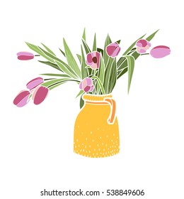 Flowers vector illustration, tulips in yellow vase