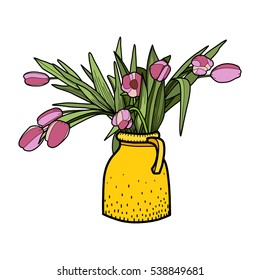 Flowers vector illustration, tulips in yellow vase 