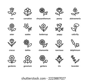 Flowers vector linear icons set. Flora. Rose, peony, azalea, gardenia, buttercup, poppy, calla lily, iris, dahlia, and more. Isolated collection of icon flowers for web sites on white background.