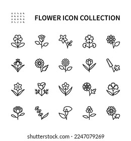 Flowers vector linear icons set. Flora. Rose, peony, azalea, gardenia, buttercup, poppy, calla lily, iris, dahlia, and more. Isolated collection of flowers for web sites on white background.