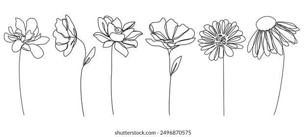 Blumen Vektor Eine Linie Zeichnungssatz. Botanische moderne Single Line Art, ästhetische Kontur. Perfekt für Home Decor, Wall Art Poster, T-Shirt Print, Handyhülle. Endloslinienzeichnung