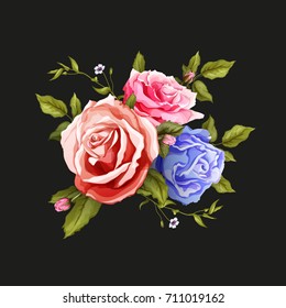 Flowers. vector realistic hand drawn rose flower bouquet. Blossoms open and closed, leaves and branch. illustration on a black background. Spring, summer wedding romantic elegant date marriage symbol.