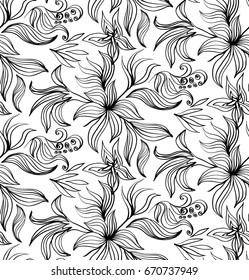 flowers vector seamless black and white pattern