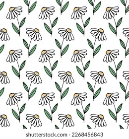 Flowers Vector Seamless Pattern with Chamomile on a White Background.