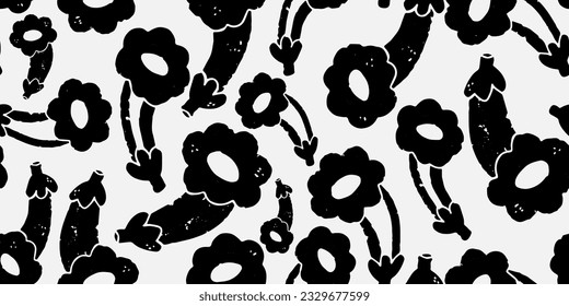 Flowers. Vector seamless pattern. Hand drawn in linocut style, grunge rough old texture.