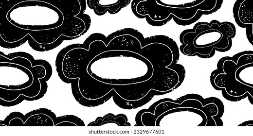 Flowers. Vector seamless pattern. Hand drawn in linocut style, grunge rough old texture.