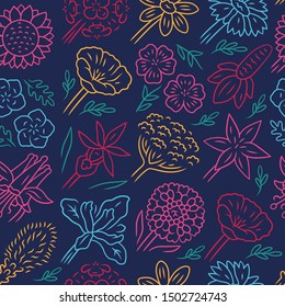 Flowers vector seamless pattern. Lily and sunflower. Floral background. Blue texture with hand drawn color icons. Poppy and chrysanthemum. Iris blossom. Plants wrapping paper, wallpaper design