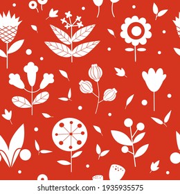 Flowers. Vector seamless pattern on a rad background. Children's illustration in a funny cartoon style. Background is ideal for children's clothing, textiles, wallpaper, scrapbooking, wrapping.