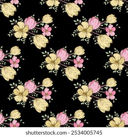 Flowers vector seamless pattern. With yellow and pink color tone. Design for background, decorative, textile, wallpaper, fabric, wrapping paper, carpet, printing.