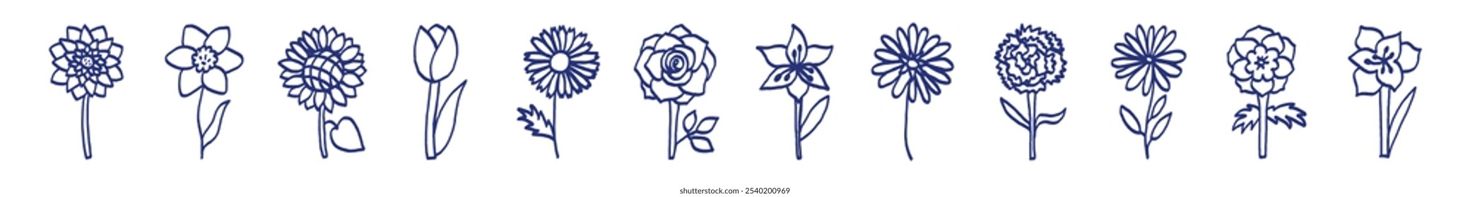 Flowers vector set. Chamomile, rose, sunflower, aster, amaryllis, daffodil, anemone, lotus, lily and gerbera. Hand drawn sketch. Blue pen or marker drawing. Primitive kids picture