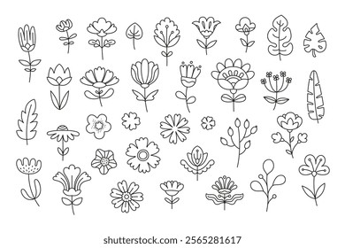 Flowers vector set. Flower isolated sign. Floral bouquet icon. Hand-drawn set of flowers. Blossom nature decoration.