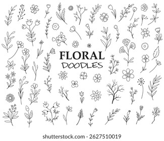 Flowers vector set. Flower isolated sign. Floral branch and minimalist leaves for logo or tattoo