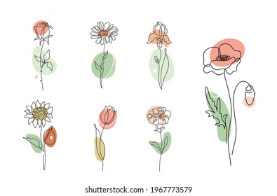 Flowers vector set illustration in simple minimal continuous outline line style. Nature blossom art for floral botanical logo design. Isolated on white background.