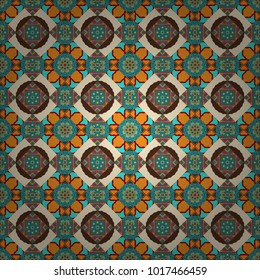 Flowers vector wallpaper. Colorful seamless pattern. Floral mandalas background in brown, yellow and blue colors.