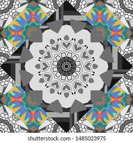 Flowers vector wallpaper. Colorful seamless pattern. Floral mandalas background in brown, gray and blue colors.