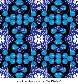 Flowers vector wallpaper. Colorful seamless pattern. Floral mandalas background in blue, white and black colors.