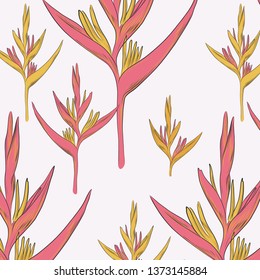 Flowers vector yellow pink tender paradise summer illustration. Repetition beach design with exotic foliage texture. Hawaiian print