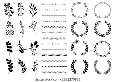 Flowers, vignettes and wreaths mega set in flat cartoon design. Bundle elements of black graphic twigs or branches, laurel wreaths, botanical borders. Vector illustration isolated graphic objects