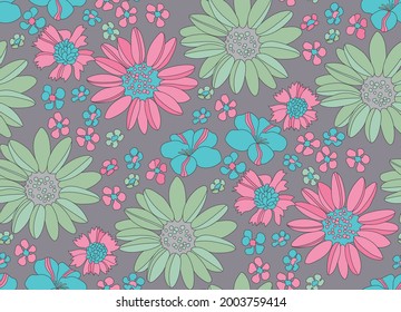 Flowers in vintage style 70-s, seamless pattern.