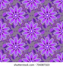 Flowers of violet, neutral and purple colors. Colour Summer Theme seamless pattern Background. Seamless retro pattern with flowers. Flat Flower Elements Design.