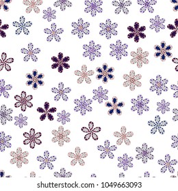 Flowers wallpaper. Colorful seamless pattern. In cute textile style on white, violet and black colors. Floral background. Vector illustration.