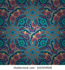 Flowers wallpaper. Vector illustration. Colorful seamless pattern. In cute textile style on blue, pink and neutral colors. Floral background.