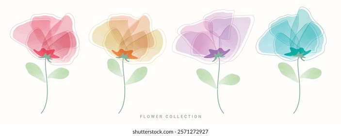 Flowers watercolor clipart set. Spring flower and leaves in colorful and multicolor drawing clip art collection for greetings card decoration elements. Vector illustration spring floral watercolor set