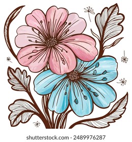 Flowers Watercolor Graphic Design Illustration. Vector Art. Color Image. 