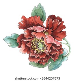 Flores ilustração em aquarela. Flor de peônia isolada sobre fundo branco. Composição manual. Design para têxteis, papéis de parede, Elemento para design, Cartão de saudação.
