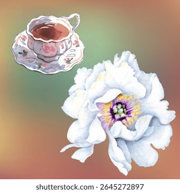 Flores ilustração em aquarela. Flor de peônia isolada sobre fundo branco. Composição manual. Design para têxteis, papéis de parede, Elemento para design, Cartão de saudação.