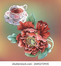 Flores ilustração em aquarela. Flor de peônia isolada sobre fundo branco. Composição manual. Design para têxteis, papéis de parede, Elemento para design, Cartão de saudação.