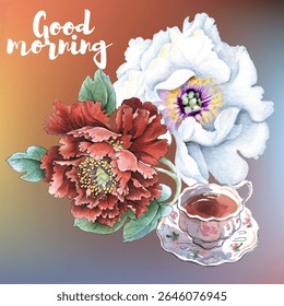 Flowers watercolor illustration. Peony flower isolated on white background. Manual composition. Design for textile, wallpapers, Element for design, Greeting card.
