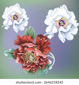 Flowers watercolor illustration. Peony flower isolated on white background. Manual composition. Design for textile, wallpapers, Element for design, Greeting card.
