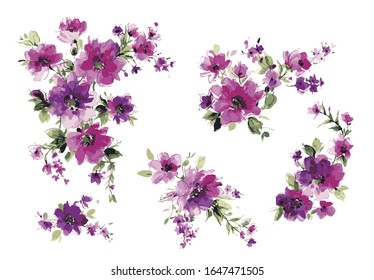 Flowers watercolor illustration.Manual composition.Big Set watercolor elements.