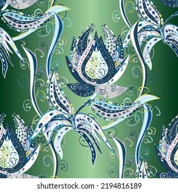 Flowers watercolor seamless pattern. Vector Stylish fabric pattern. Green background.