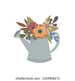 Flowers in a watering can. A bouquet of flowers in a teapot. Flat illustration.