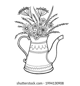 flowers  in a watering can. Vector outline illustration for coloring pages, design, poster