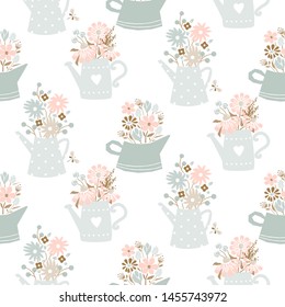 Flowers in watering can vintage colors seamless vector pattern. Cute meadow flower plants print pale blue white background.